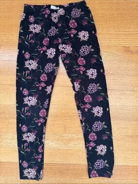 MinyMo Girls Organic Cotton Black Floral Stretch Leggings - Pink & Purple Print